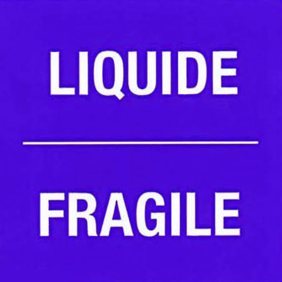Text 'LIQUIDE 
_________
FRAGILE' on a blue background
