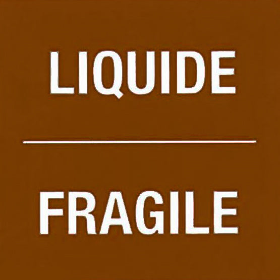  label with 'LIQUIDE' and 'FRAGILE' text on a brown background