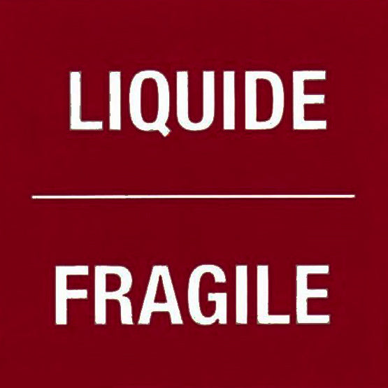 Burgundy background with white text 'LIQUIDE' and 'FRAGILE'
