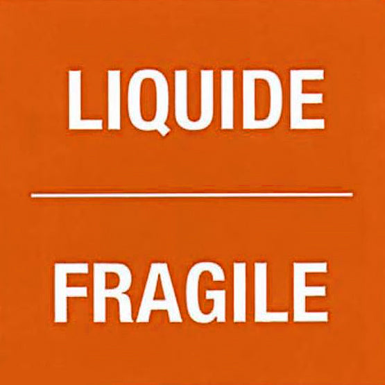 Orange label with 'LIQUIDE' and 'FRAGILE' text on a white background
