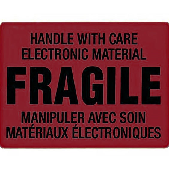 Burgundy label with black text stating 'HANDLE WITH CARE ELECTRONIC MATERIAL FRAGILE' in English and French.