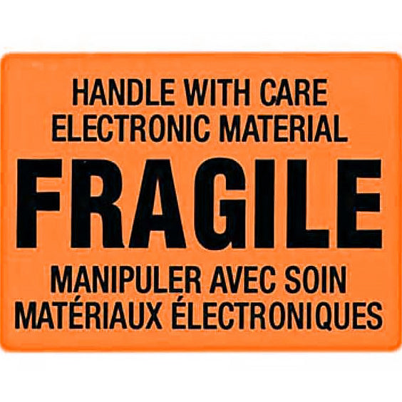 Orange label with black text stating 'HANDLE WITH CARE ELECTRONIC MATERIAL FRAGILE' in English and French.