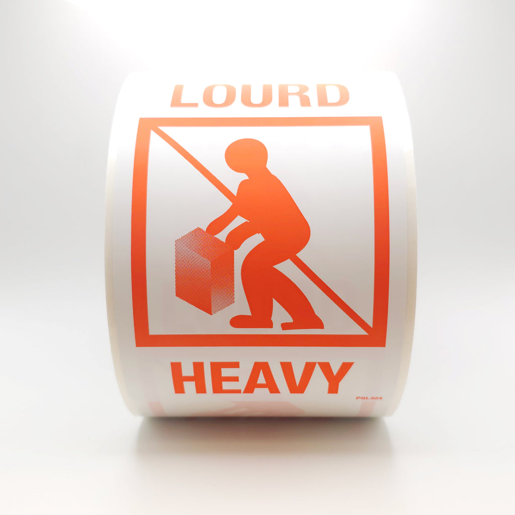 Roll of warning label with orange text and icon on a white background front view