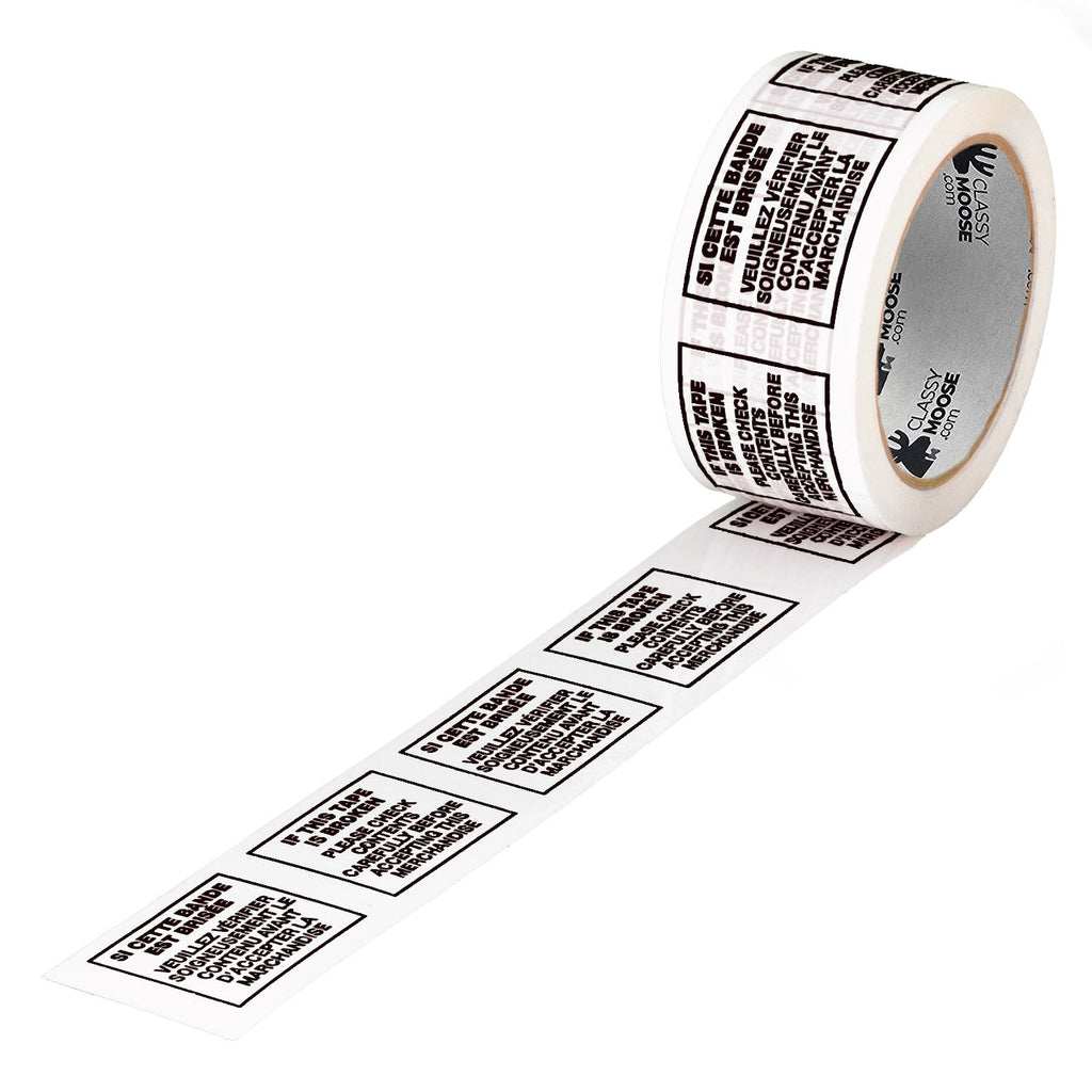 A roll of packing tape with black text repeating the instruction 'If this tape is broken, check contents'