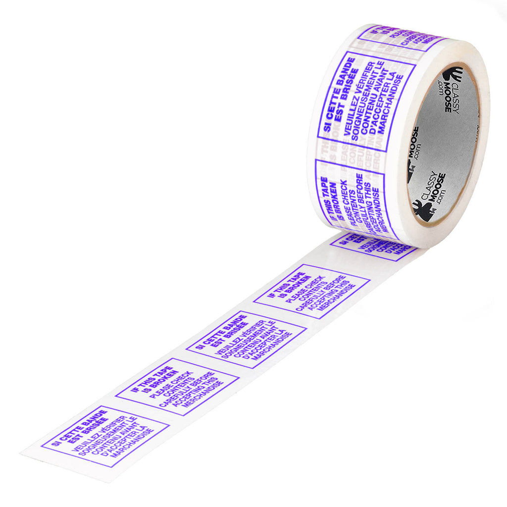 A roll of packing tape with blue text repeating the instruction 'If this tape is broken, check contents'