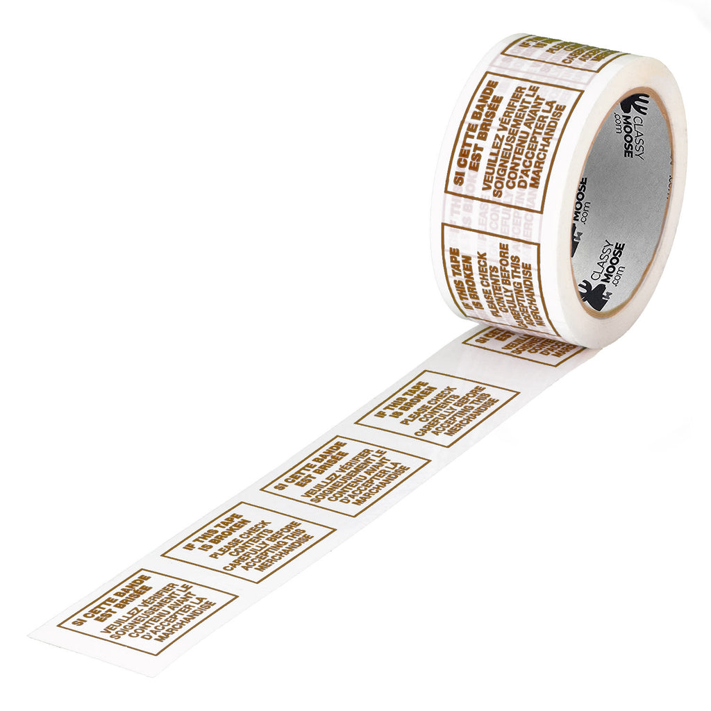 A roll of packing tape with brown text repeating the instruction 'If this tape is broken, check contents'