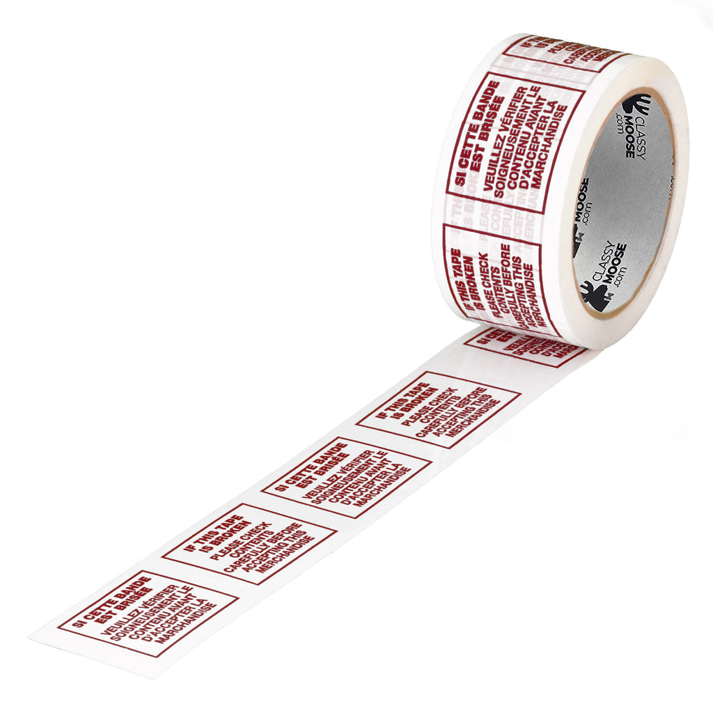 A roll of packing tape with burgundy text repeating the instruction 'If this tape is broken, check contents'