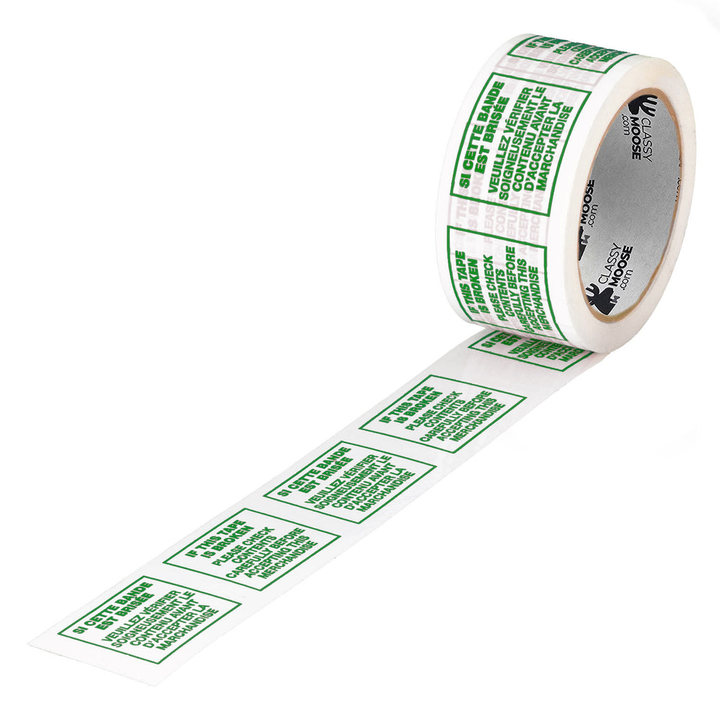 A roll of packing tape with green text repeating the instruction 'If this tape is broken, check contents'