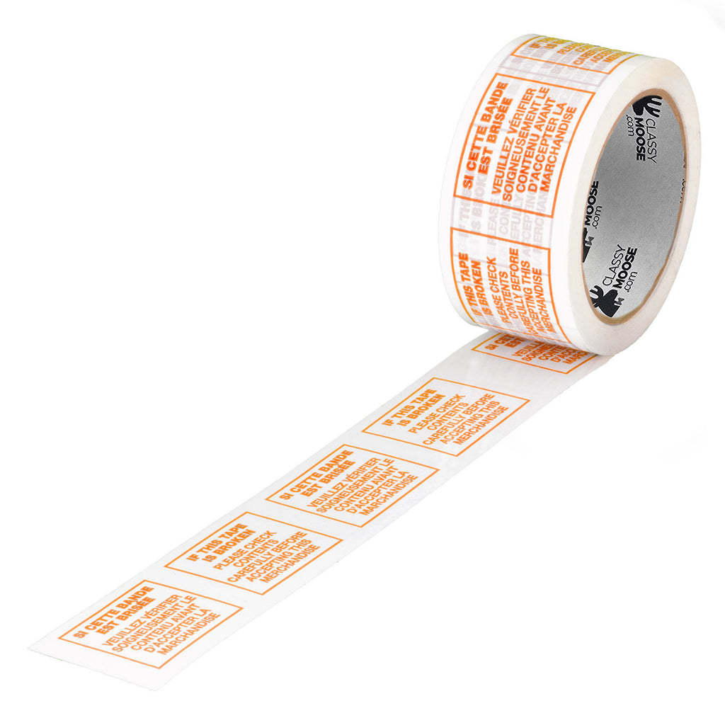 A roll of packing tape with orange text repeating the instruction 'If this tape is broken, check contents'