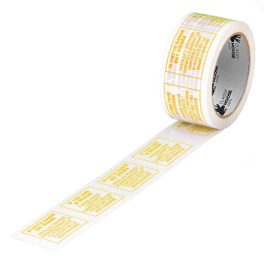 A roll of packing tape with yellow text repeating the instruction 'If this tape is broken, check contents'