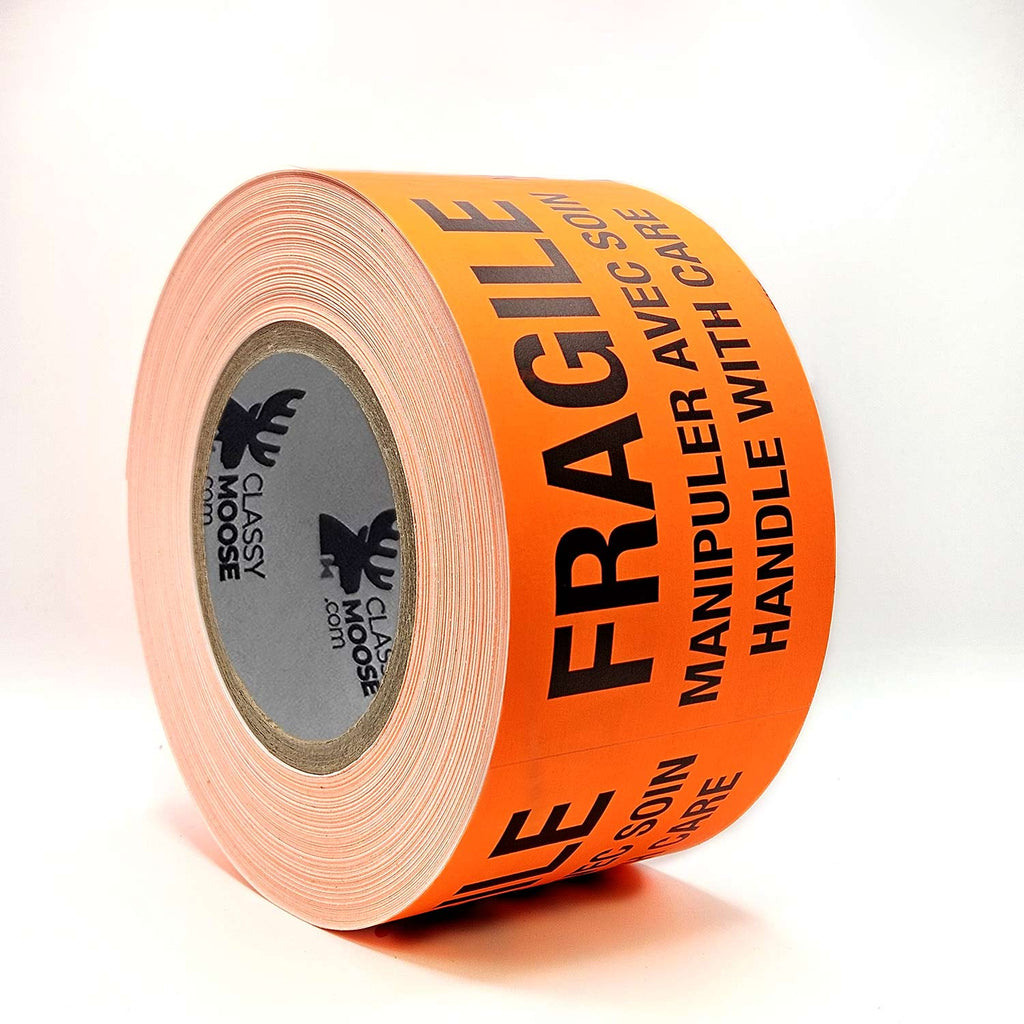 Red Fluorescent FRAGILE Handle with Care Bilingual Labels 3" x 5" side view
