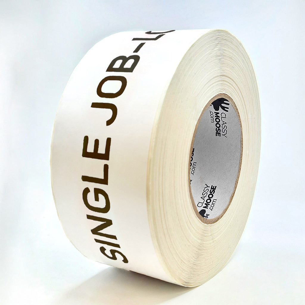 A roll of white and black labels with the text 'SINGLE JOB-LOT ONLY' printed in red on a white background.