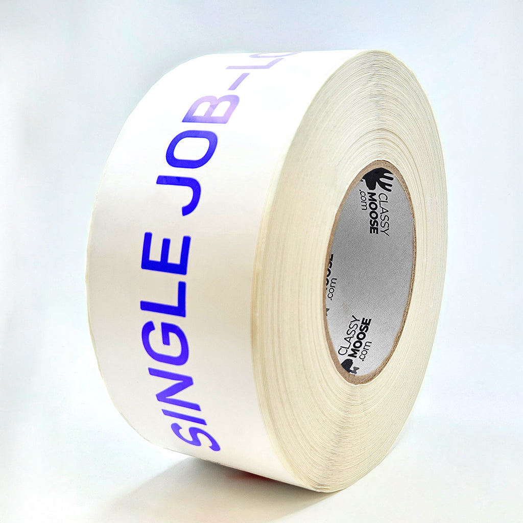 A roll of white and blue labels with the text 'SINGLE JOB-LOT ONLY' printed in red on a white background.