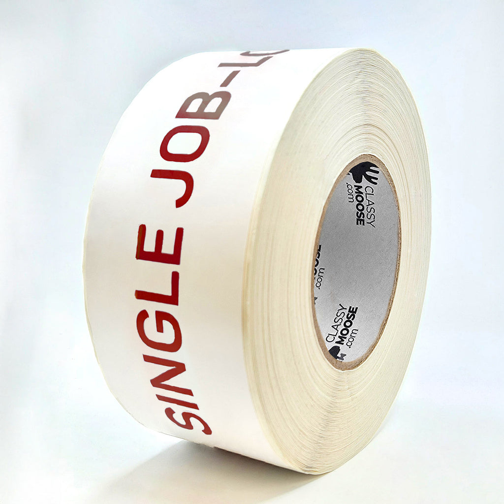 A roll of white and burgundy labels with the text 'SINGLE JOB-LOT ONLY' printed in red on a white background.