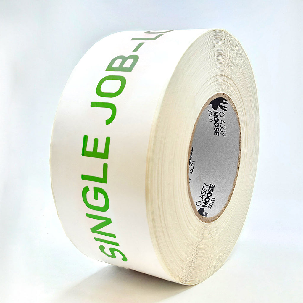 A roll of white and green labels with the text 'SINGLE JOB-LOT ONLY' printed in red on a white background.