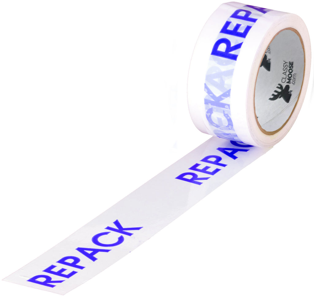Roll of tape with blue 'REPACK' text on a white background