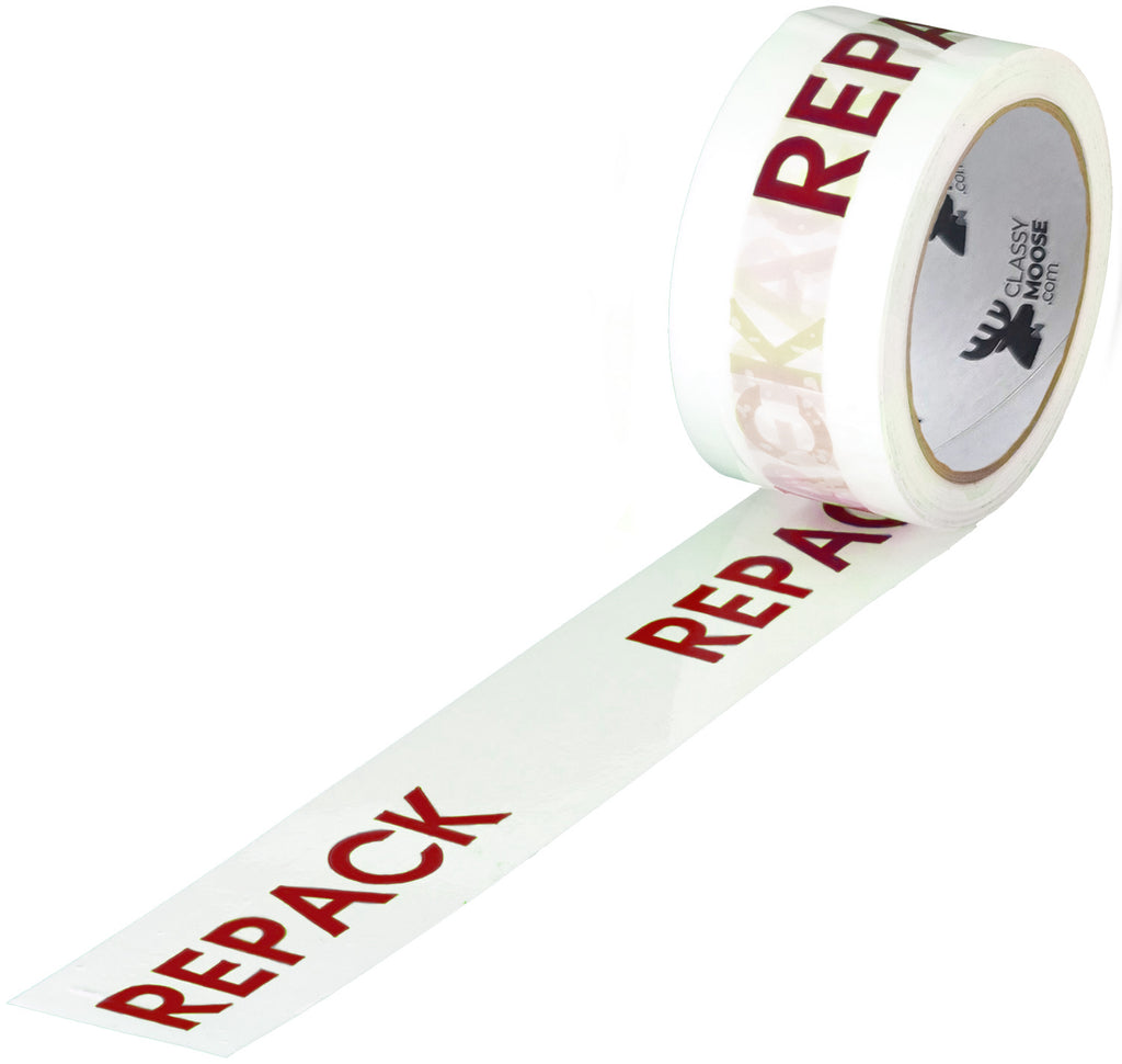 Roll of tape with burgundy 'REPACK' text on a white background