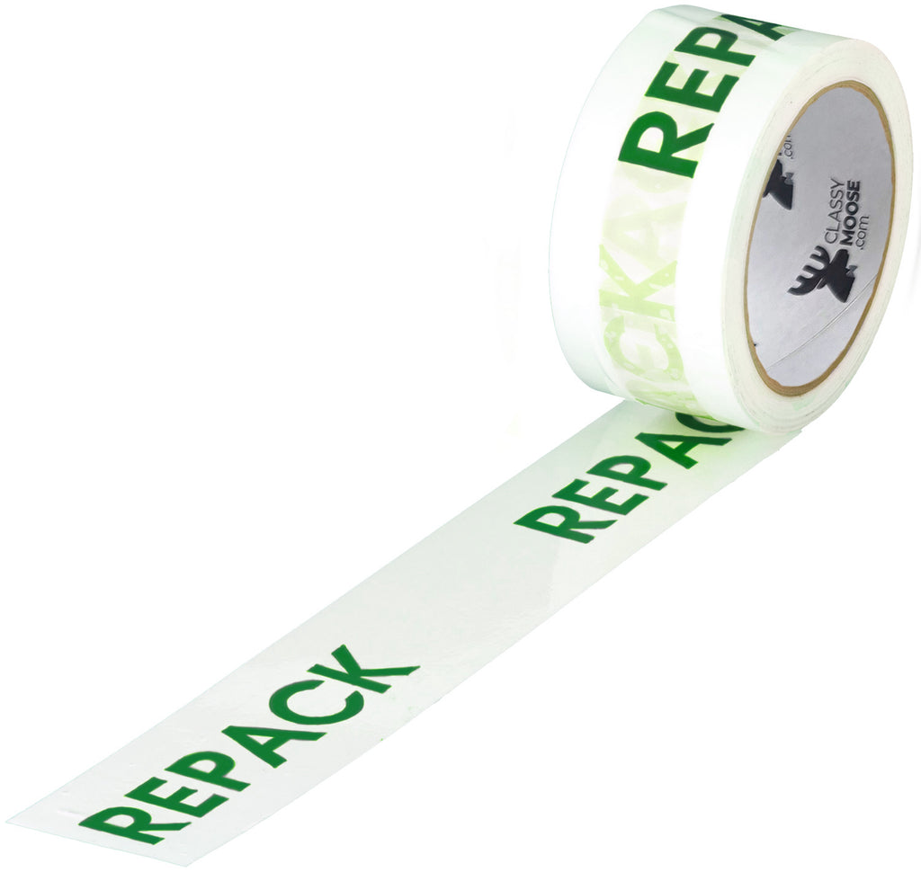 Roll of tape with green 'REPACK' text on a white background