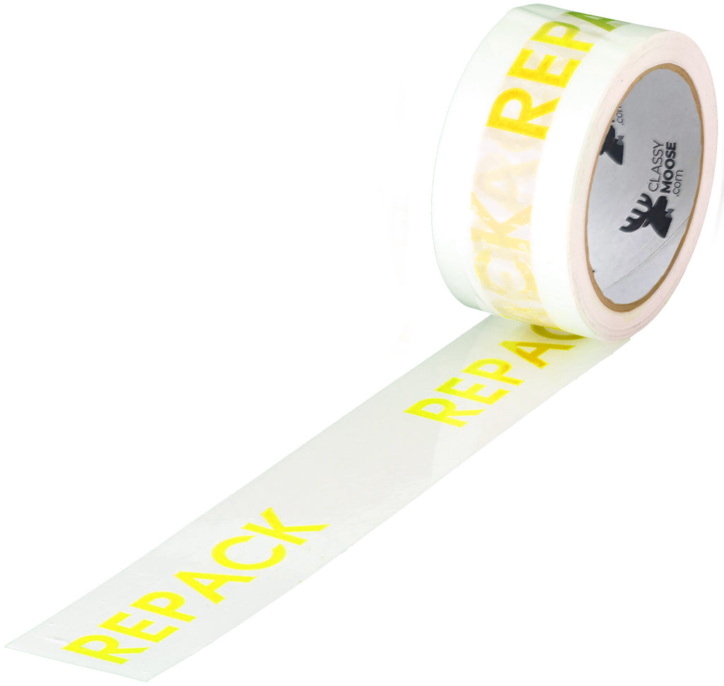 Roll of tape with yellow 'REPACK' text on a white background