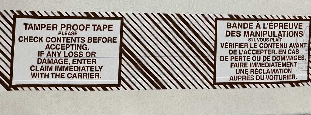 A roll of tamper-proof packing tape with black text and stripes on a white background, providing instructions to check contents before accepting and report any damage immediately.