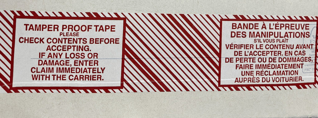 A roll of tamper-proof packing tape with burgundy text and stripes on a white background, providing instructions to check contents before accepting and report any damage immediately.