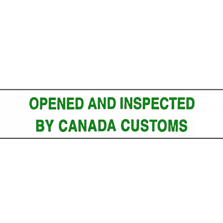 Green text 'OPENED AND INSPECTED BY CANADA CUSTOMS' on a white background