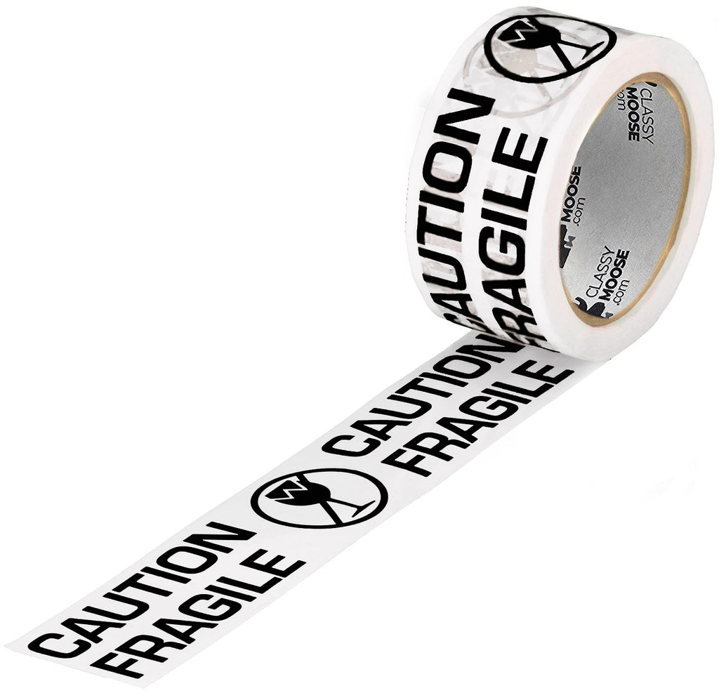 Roll of 'Caution Fragile' tape with visible branding on a white background