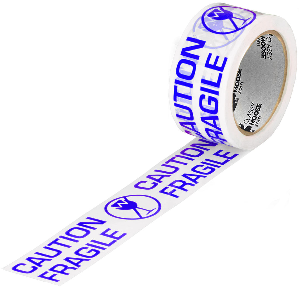 Roll of 'Caution Fragile' tape with blue text on a white background