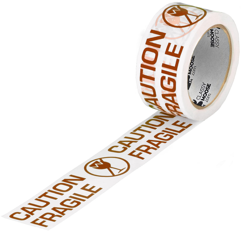 Roll of 'Caution Fragile' tape with brown text on a white background