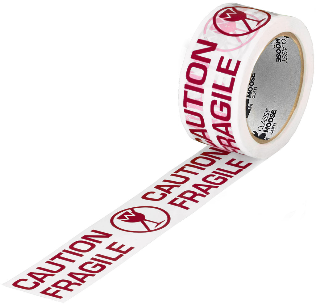 Roll of 'Caution Fragile' tape with burgundy text on a white background