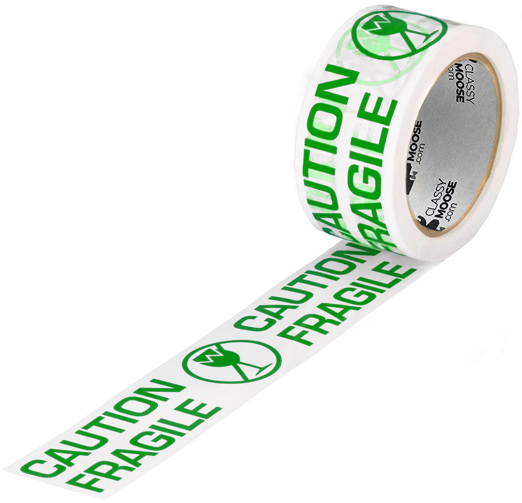 Roll of 'Caution Fragile' tape with green text on a white background