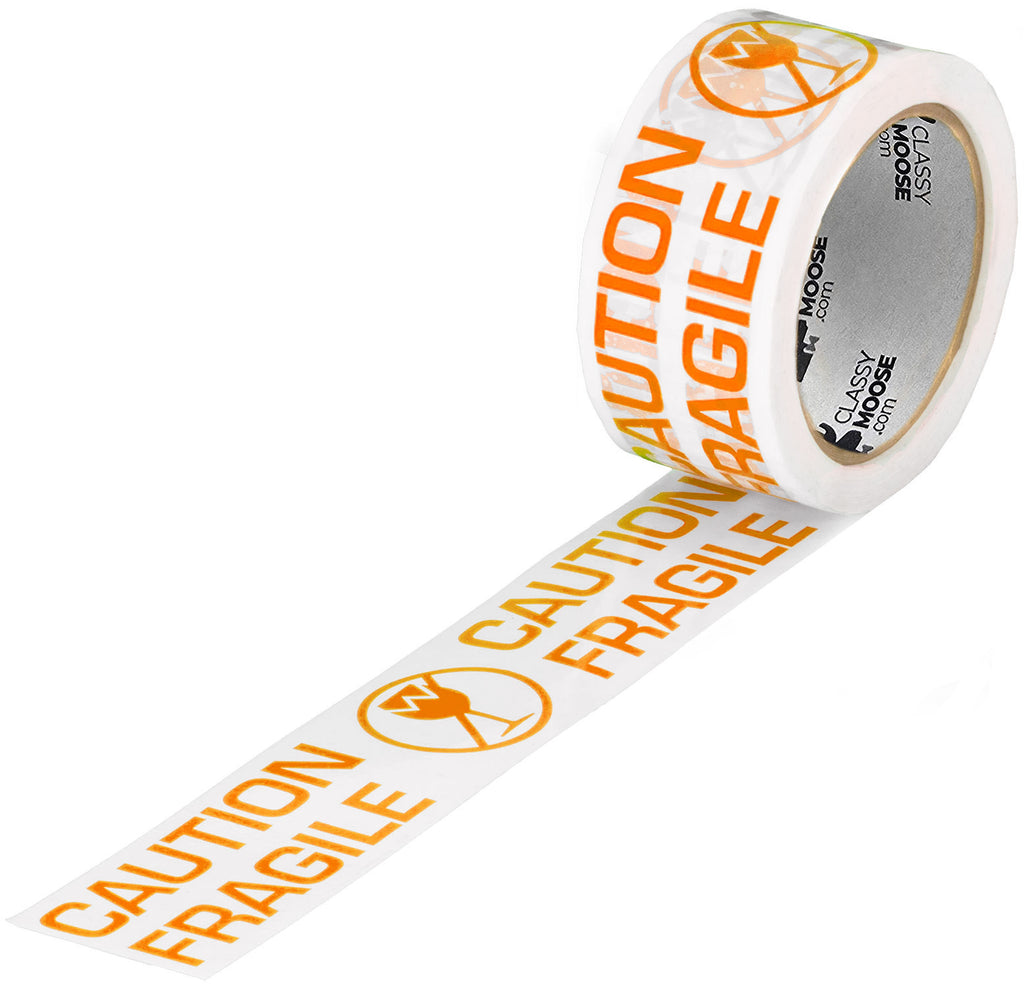 Roll of 'Caution Fragile' tape with orange text on a white background