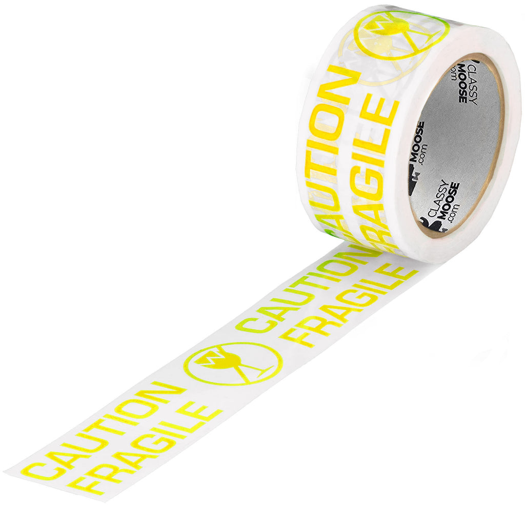 Roll of 'Caution Fragile' tape with yellow text on a white background