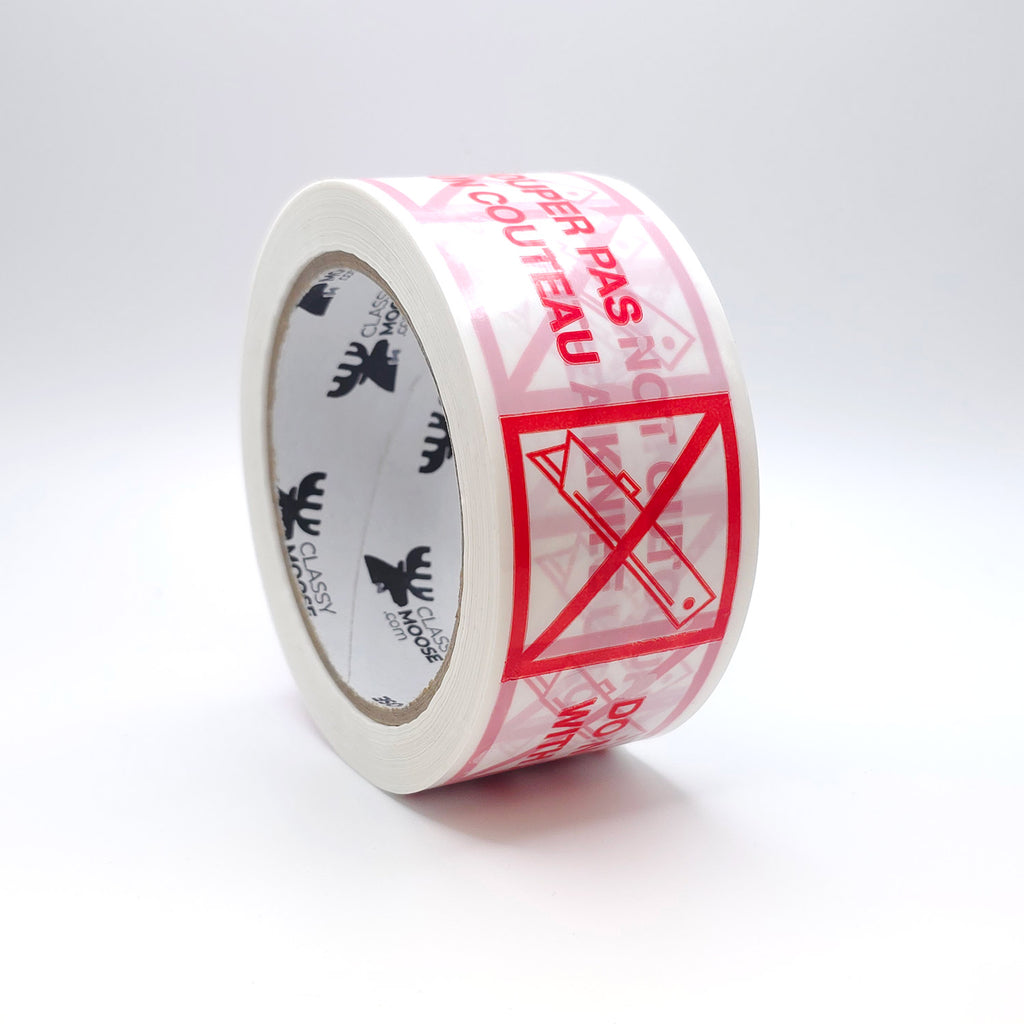 DO NOT CUT WITH A KNIFE Bilingual Polypropylene Tape side view