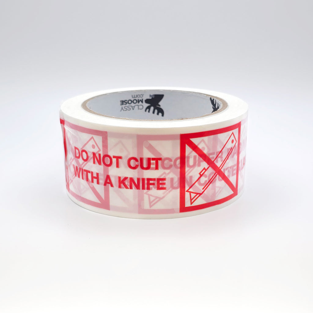 DO NOT CUT WITH A KNIFE Bilingual Polypropylene Tape flat view