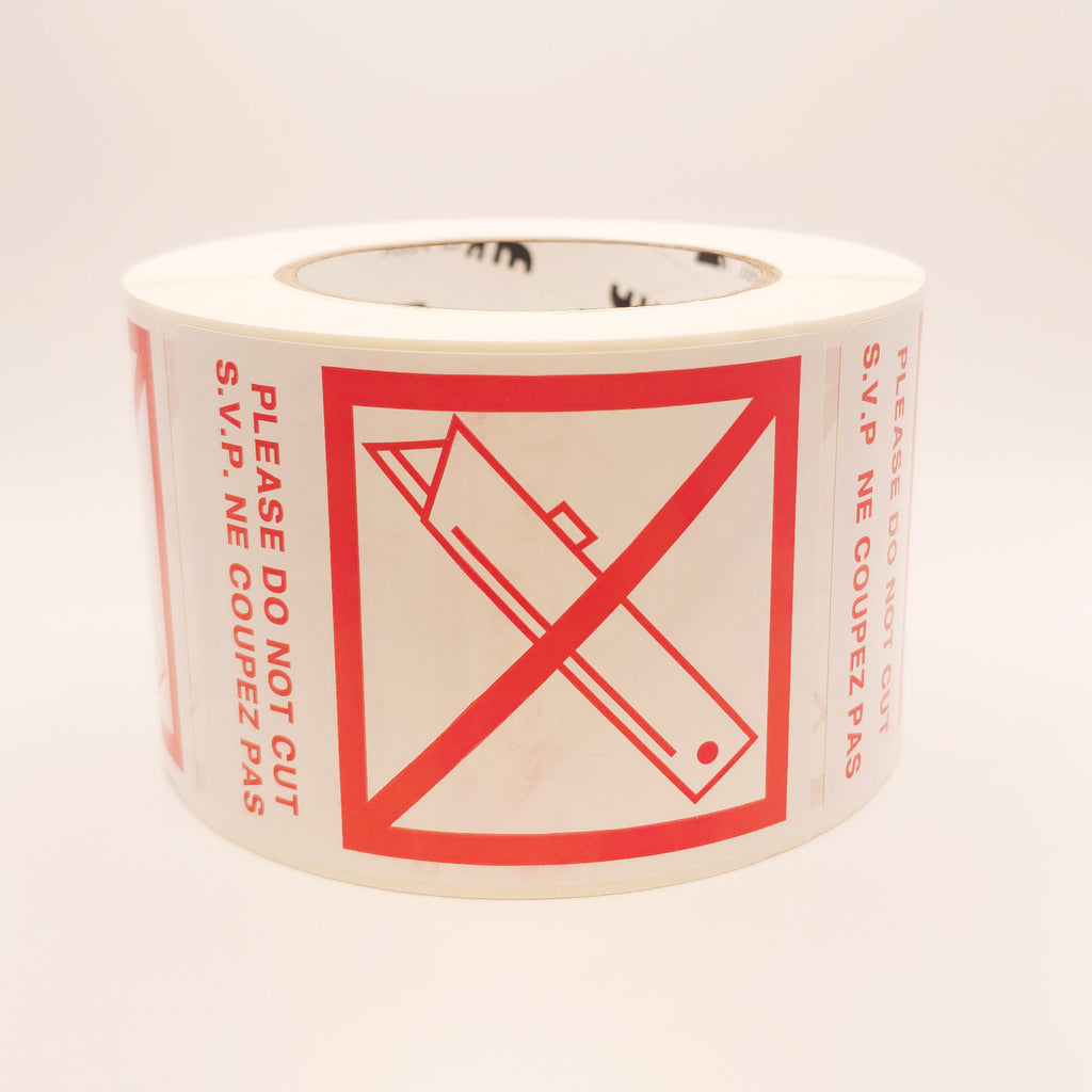 DO NOT CUT with Crossed Out Blade Bilingual Labels front view flat view