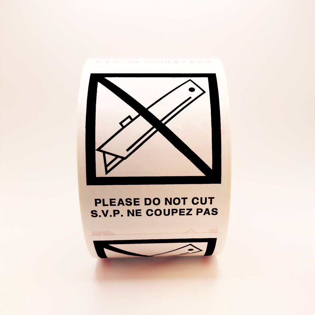 DO NOT CUT with Crossed Out Blade Bilingual Labels front view black