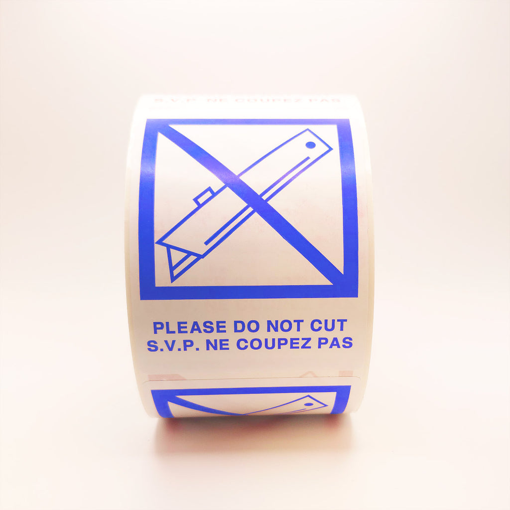 DO NOT CUT with Crossed Out Blade Bilingual Labels front view blue