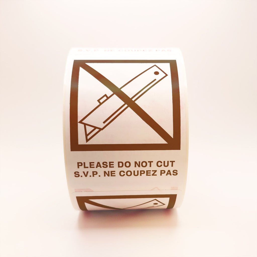 DO NOT CUT with Crossed Out Blade Bilingual Labels front view brown