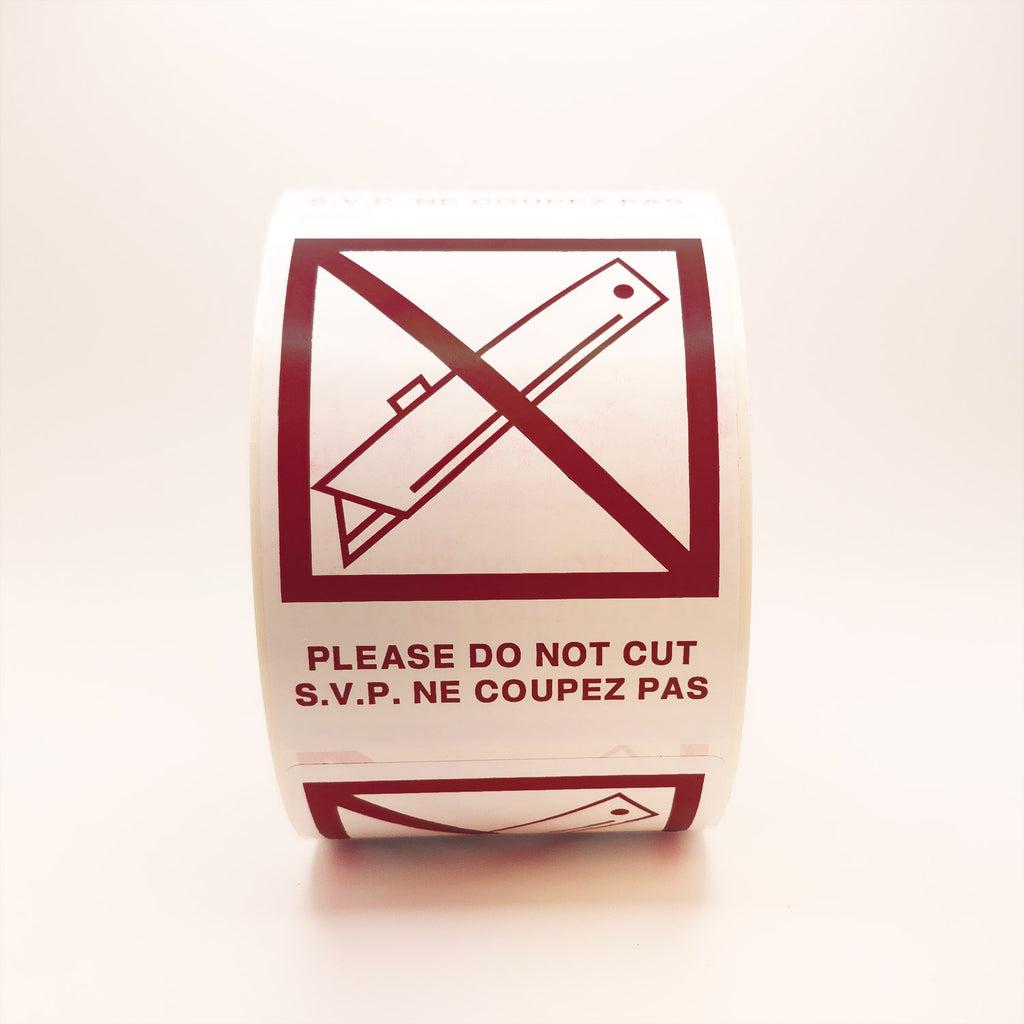 DO NOT CUT with Crossed Out Blade Bilingual Labels front view brugundy