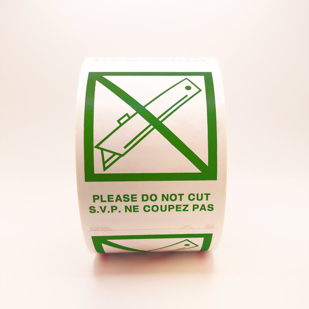 DO NOT CUT with Crossed Out Blade Bilingual Labels front view green