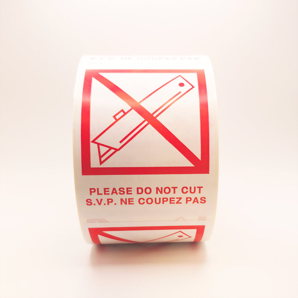 DO NOT CUT with Crossed Out Blade Bilingual Labels front view