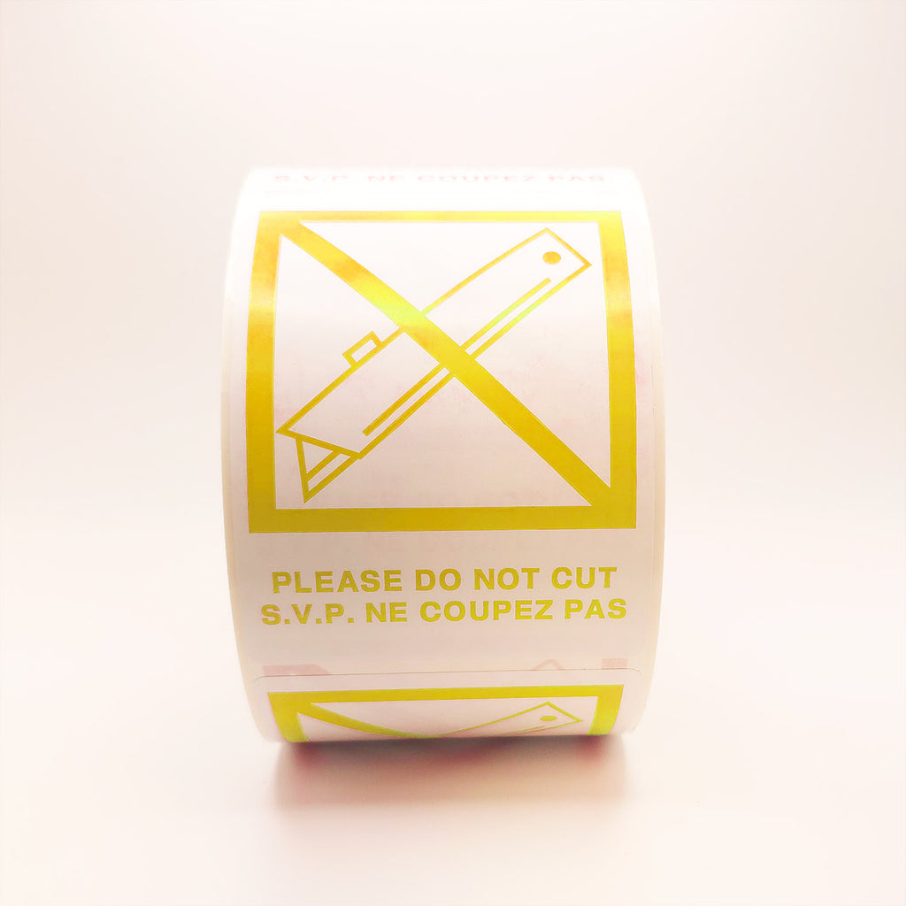 DO NOT CUT with Crossed Out Blade Bilingual Labels front view yellow