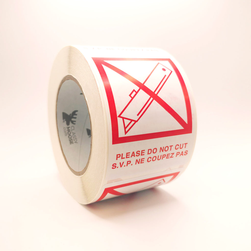 DO NOT CUT with Crossed Out Blade Bilingual Labels side view
