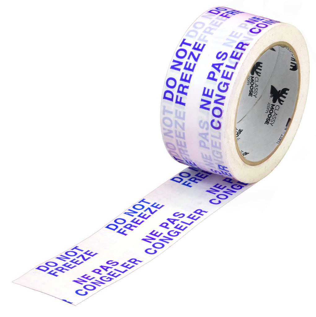 Roll of tape with 'Do Not Freeze' text in multiple languages on a white background