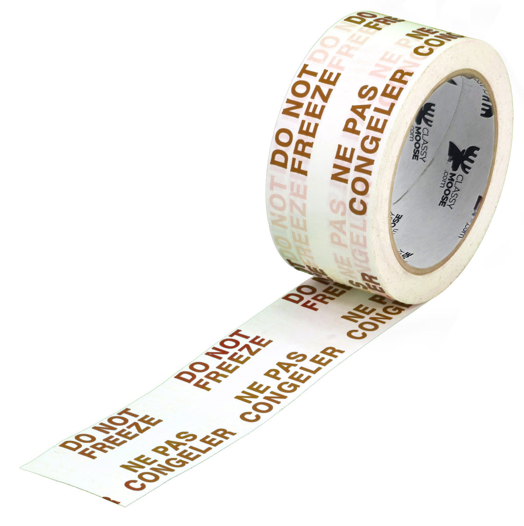 Roll of tape with 'Do Not Freeze' text in multiple languages on a white background