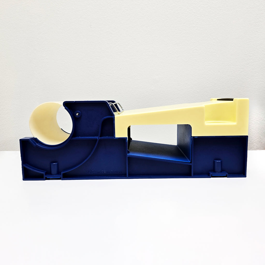 Blue and yellow label pouch dispenser on a white background
