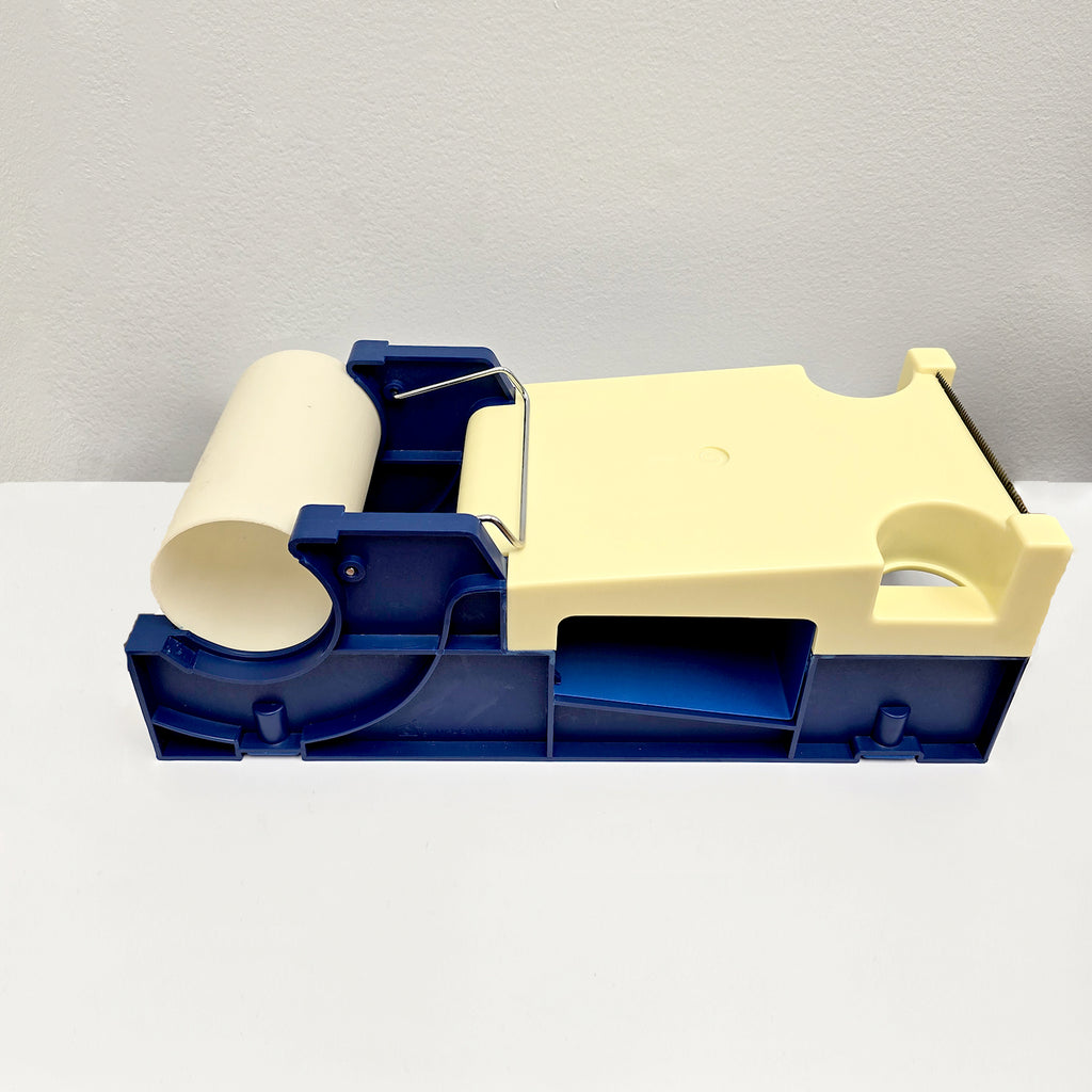 Blue and beige label pouch dispenser on a white background