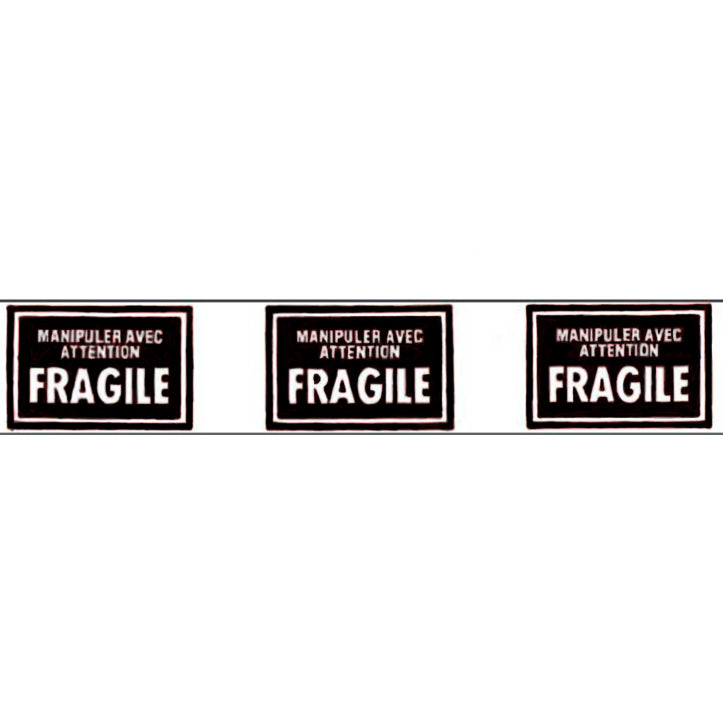 Three 'Fragile' labels with text in French on a white background