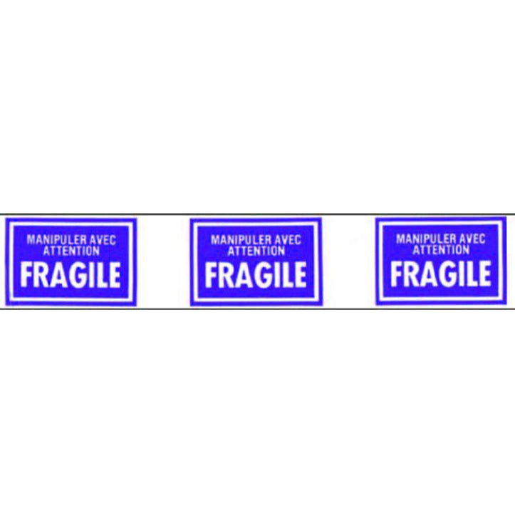 Three blue 'Fragile' labels with white text on a white background
